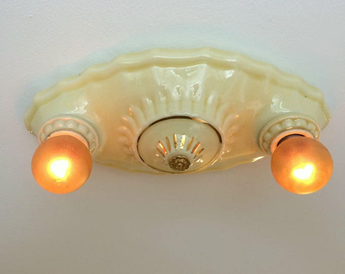 Flush Mount Ceiling Fixture Lighting, Porcelain Bone China, 1930's Cream Yellow, Rewired, Kitchen Hallway Bedroom