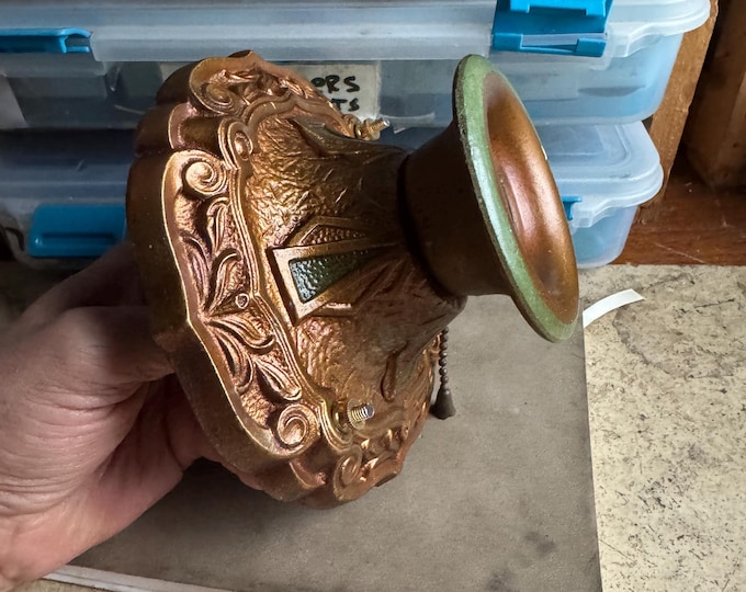 Jadeite and Bronze Flush Mount Ceiling Light, 1920's Heavy Cast Iron, LaSalle, On/Off Pull Chain, Rewired/Restored Ready To Install