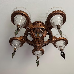 1910&#39;s Antique Hanging Slip Shade Ceiling Light, 5 Bulb Art Deco, Restored/Rewired, Deep Bronze, Ready to Install