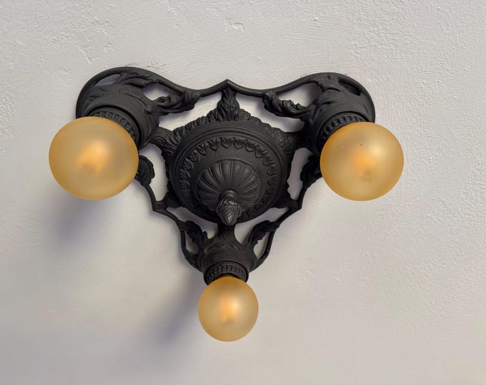 Antique Flush Mount Ceiling Fixture, 1910's Cast Iron Three Bulb, Charcoal Black, Rewired and Ready to Install