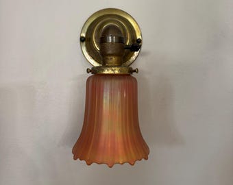 1907 Theater Wall Sconce,  Red and Orange Carnival Glass Shade, Shaped Brass with On/Off Paddle Switch, Rewired/Ready to Install