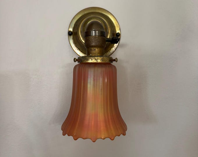 1907 Theater Wall Sconce,  Red and Orange Carnival Glass Shade, Shaped Brass with On/Off Paddle Switch, Rewired/Ready to Install