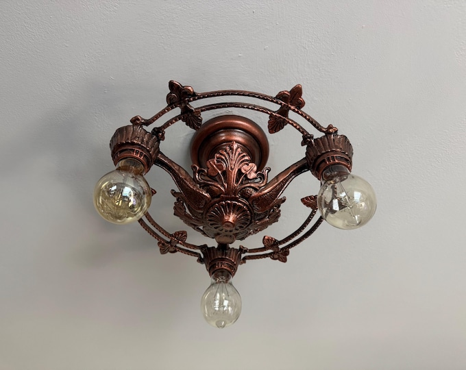 1920's Antique Semi-Flush Mount Light Fixture, Copper Finish, Rewired/Ready to Install