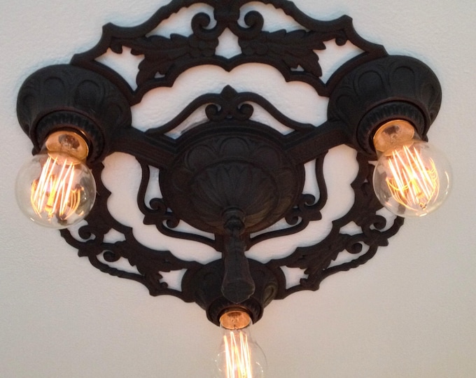 1920's Antique Ceiling Light, Cast Iron Flush Mount 3 Light Charcoal Black, Short Ceilings/Low Profile, Rewired and Ready to Install