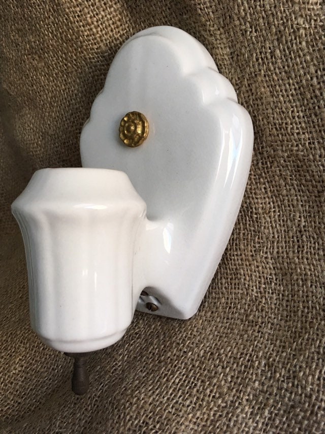 1920's Art Deco Wall Sconce with On/Off Turn Switch, White Porcelain