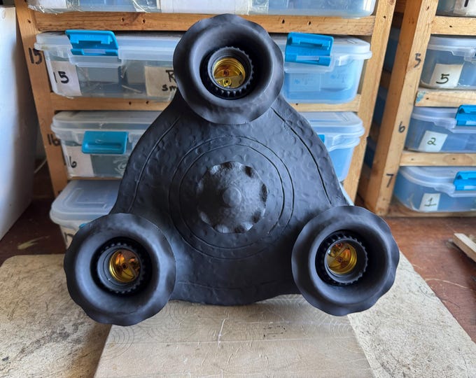 Antique Cast Iron Flush Mount Ceiling Fixture, 1910's Three Bulb Hammered Iron, Charcoal Black, Rewired and Ready to Install