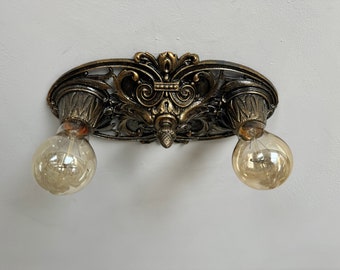 Flush Mount Antique Ceiling Light, 1920's Two Bulb, Deep Bronze Decor, Rewired and Ready to Install