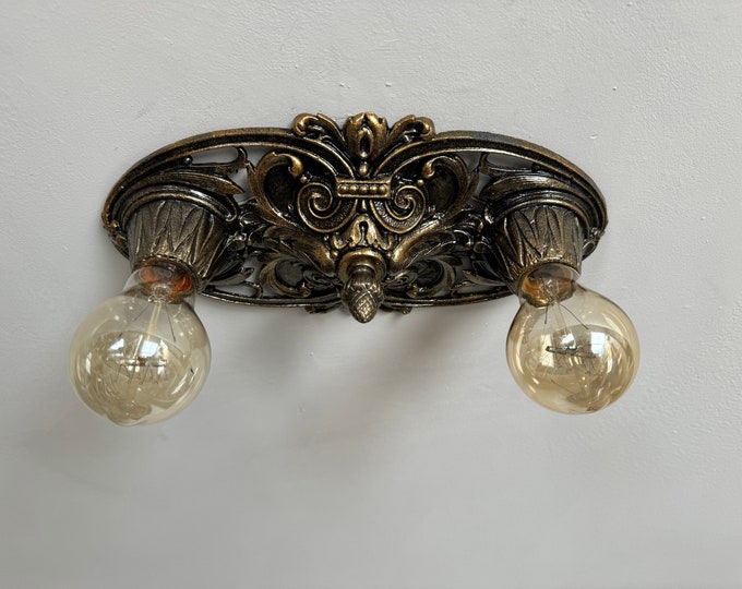 Flush Mount Antique Ceiling Light, 1920's Two Bulb, Deep Bronze Decor, Rewired and Ready to Install
