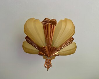 1910s Antique 5 Bulb Slip Shade Chandelier, Semi-Flush, Rewired/ Restored,  Original Decor, JD Virden