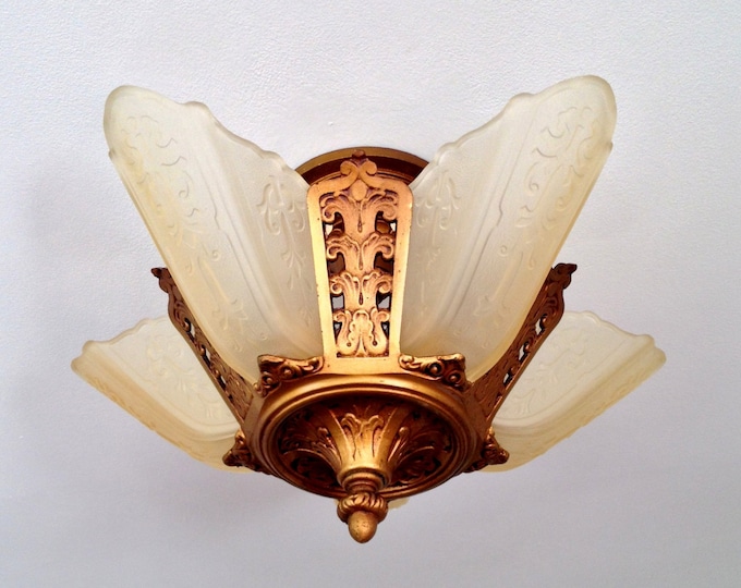 Antique Semi Flush 5 Light Slip Shade Chandelier, Art Deco, Rewired Restored, Moe Bridges, Satin Vaseline Honey Shades, Kitchen Dining