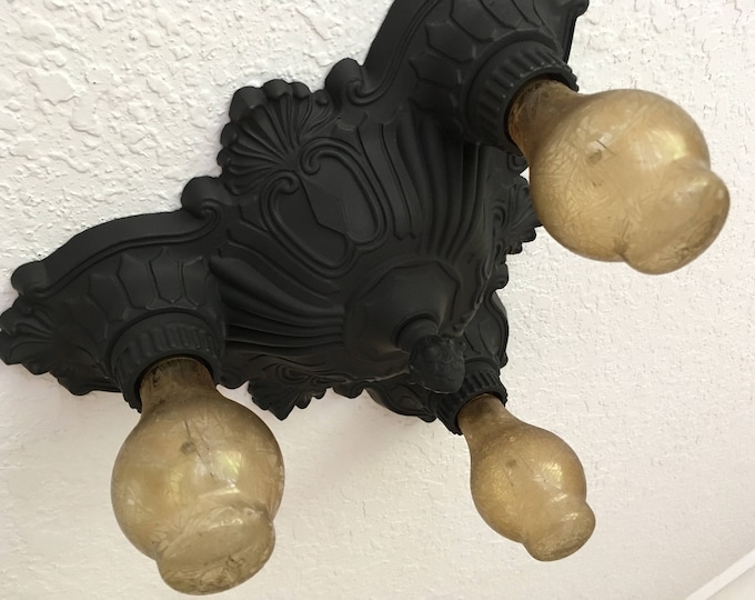 Farmhouse Flush Mount 3 Light Ceiling Fixture, 1910's Heavy Cast Pewter, Rewired/Refinished Charcoal Black, Kitchen Bedroom Hallway