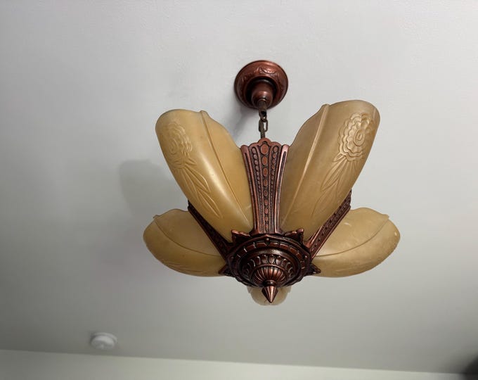 Antique Hanging Slip Shade Ceiling Fixture, 1907-09 Cast Iron 5 Bulb, Rewired/Retouched, Original Copper Decor, Wonderful Patina