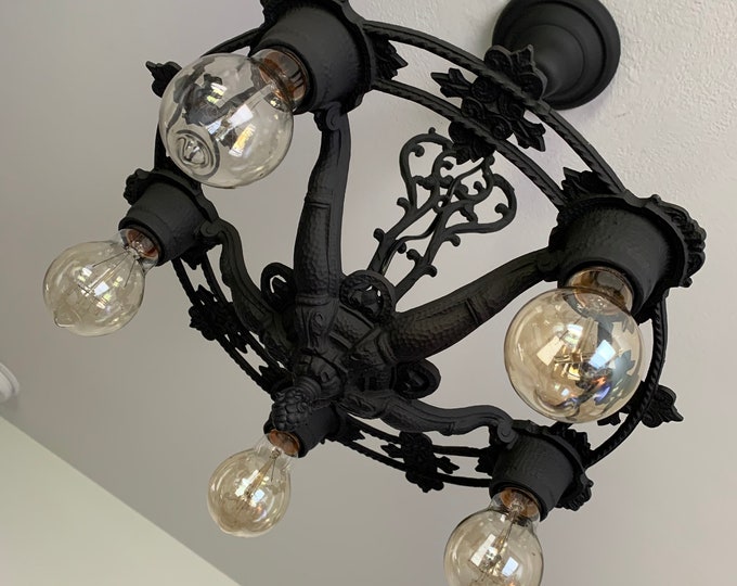 Hanging Art Deco Cast Iron Ceiling Fixture, Refinished Charcoal Black, 1910's, Attic, Hallway, Bedroom, Kitchen, Entryway.