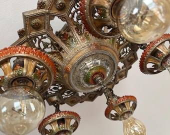 1914 Semi-Flush Mount Ceiling Fixture Chandelier, Original Multi Color Decor, Patina,  Rewired and Ready to Install