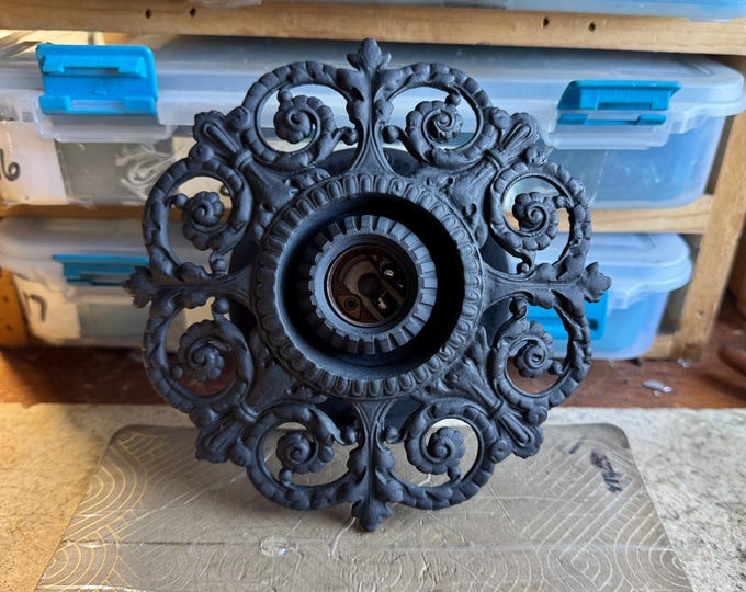 Farmhouse Flush Mount Ceiling Fixture, Cast Aluminum Single Bulb, Refinished Charcoal Black, 1920's Antique Light Fixture, Ready to Install