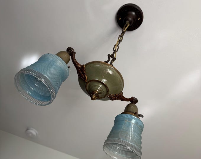 Antique Hanging 2 Bulb Chandelier, 1907 Pan Light with Glass Shades, Original Decor, Patina/Tarnish/Rustic, Rewired and Ready to Install