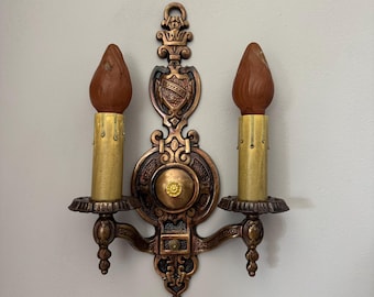 Art Deco 2 Bulb Wall Sconce, 1910's Heavy Cast Brass Cast Iron with Aesthetic On/Off Turn Switch, Ready to Install