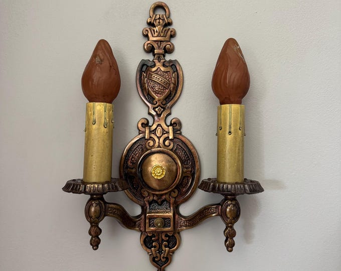 Art Deco 2 Bulb Wall Sconce, 1910's Heavy Cast Brass Cast Iron with Aesthetic On/Off Turn Switch, Ready to Install