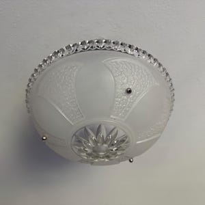 Vintage Lighting 3 Chain Semi Flush Ceiling Light, 1930&#39;s Art Deco White and Clear Glass Bowl, Ready to Install