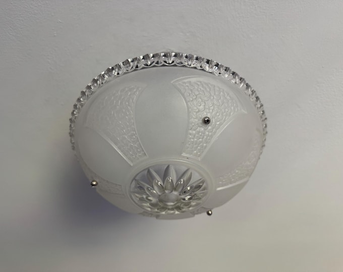Vintage Lighting 3 Chain Semi Flush Ceiling Light, 1930's Art Deco White and Clear Glass Bowl, Ready to Install