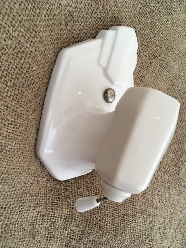 1920's Art Deco Wall Sconce with On/Off Pull Switch, White Porcelain