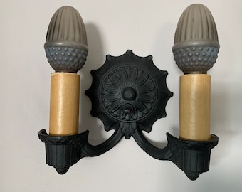 Art Deco 2 Bulb Wall Sconce, 1910's Cast Iron with On/Off Turn Switch, Ready to Install, Markel