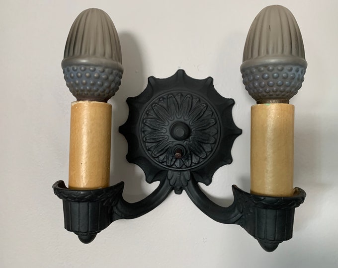 Art Deco 2 Bulb Wall Sconce, 1910's Cast Iron with On/Off Turn Switch, Ready to Install, Markel