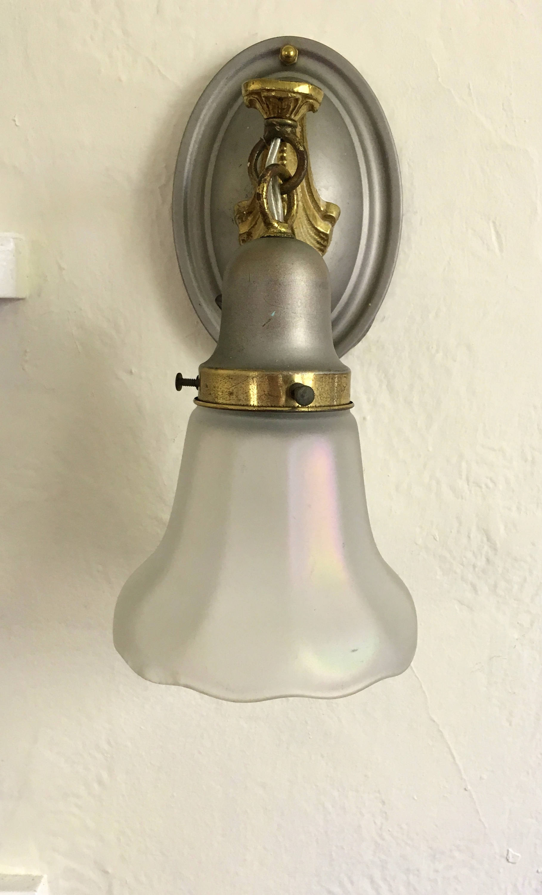 White Carnival Glass Wall Sconce, 1910's Nickel Finish Pressed Brass