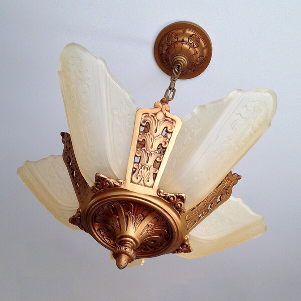 Antique Hanging 5 Light Slip Shade Chandelier, 1920's Cast Iron Art Deco, Rewired Restored, Moe Bridges, Satin Honey Shades, Kitchen Dining