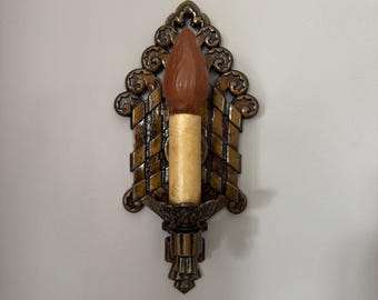 1903/05 Cast Iron Wall Sconce, Large Heavy Cast Iron Single Bulb, Original Bronze Decor with Deep Red and Blue Accents, Ready to Install