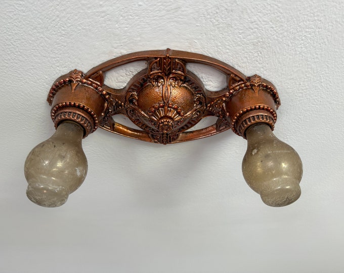Flush Mount Ceiling Light, 1910's Copper Decor with Barbola Roses, Rewired/Restored and Ready to Install