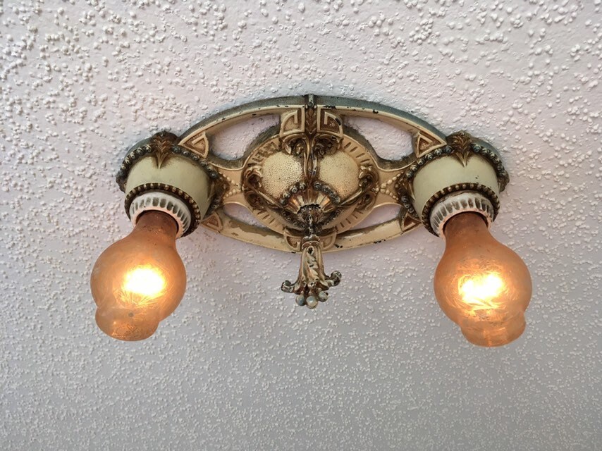 1910's Antique Cast Iron Flush Mount Light Fixture, Cream & Robin's Egg