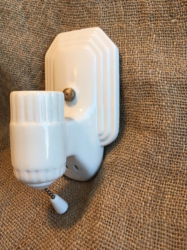 1920's Art Deco Wall Sconce with Plugin, White Porcelain, Rewired