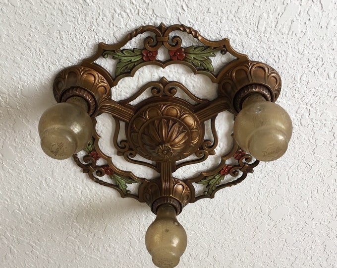 Farmhouse Flush Mount Light Fixture Chandelier, 1920's Cast Iron, Original Decor, Restored and Rewired Multi Color, Patina