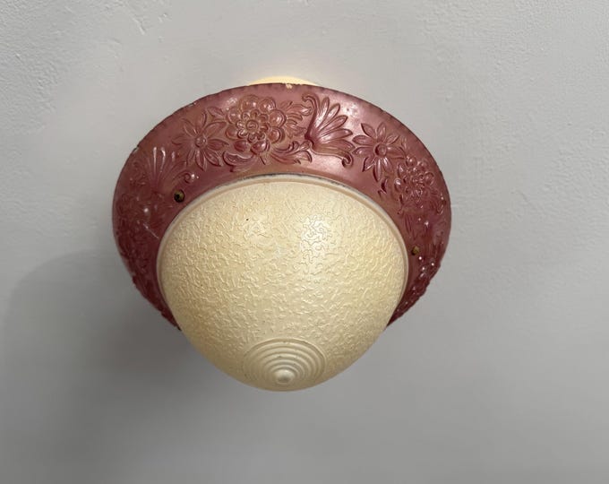 Vintage Lighting 3 Chain Semi Flush Ceiling Light, 1930's, Petite Soft Purple Glass Nouveau with Cream Center, Rewired and Ready to Install