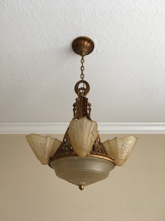 Antique Slip Shade Chandelier Ceiling Fixture Art Nouveau Image 0