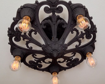 1926 Semi Flush Ceiling Fixture, Antique Lighting, 5 Bulb Rewired and Refinished in Charcoal Black, Living Room Kitchen Foyer Bedroom