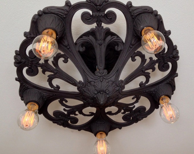 1926 Semi Flush Ceiling Fixture, Antique Lighting, 5 Bulb Rewired and Refinished in Charcoal Black, Living Room Kitchen Foyer Bedroom