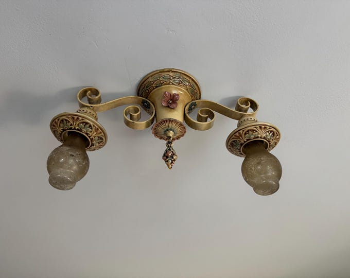 1910's Semi Flush Ceiling Fixture, Antique Lighting, 2 Bulb Original Colorful Decor with Deep Pink & Blue Accents, Restored, Pinned Florals