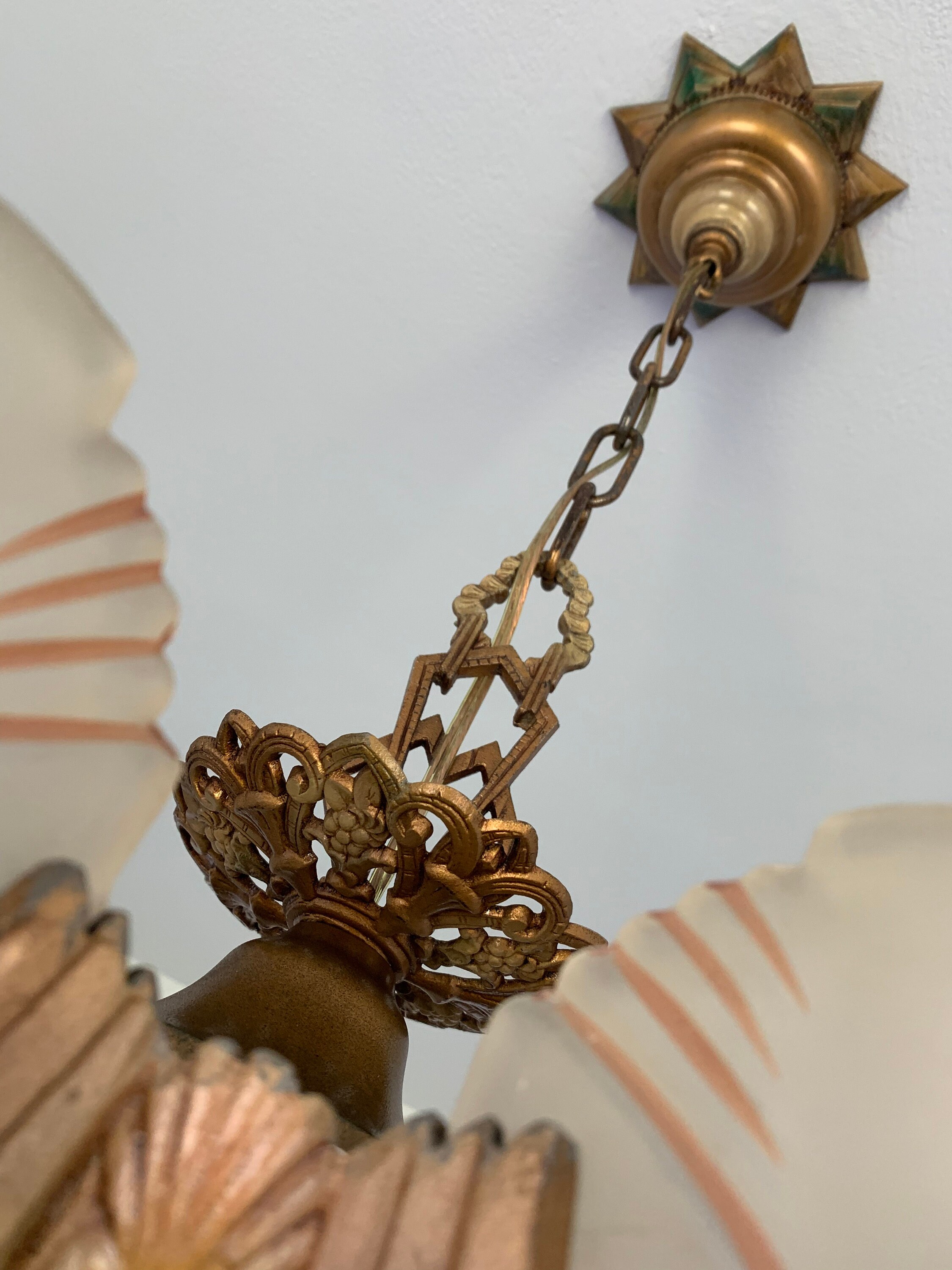 Batwing Slip Shade Hanging Chandelier, 1920's 6 Bulb Ceiling Fixture, Retouched/Restored/Rewired