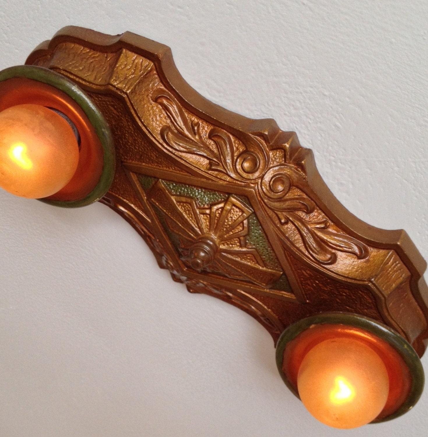 Jadeite and Bronze Flush Mount Ceiling Light Fixture 1920 s
