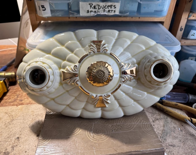 Flush Mount Ceiling Fixture Lighting, Porcelain Bone China, 1920's Cream Yellow with Gold Accents, Kitchen Hallway Bedroom