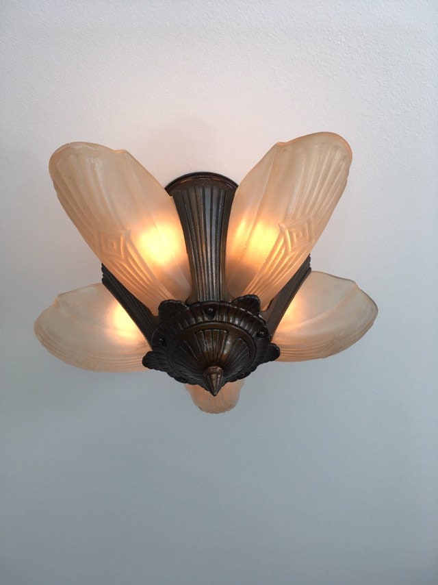 Antique Lighting Semi Flush 5 Light Slip Shade, 1920's Cast Iron Art