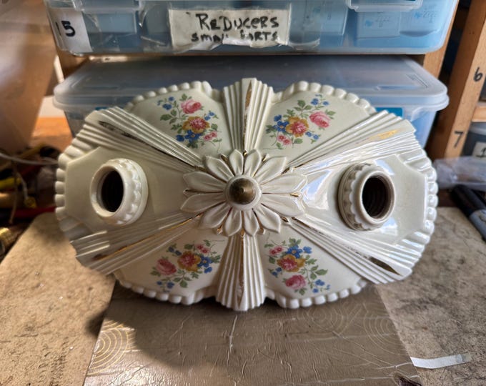 Antique German Porcelain Flush Mount Ceiling Fixture, Custard Cream With Floral, Rewired, 1920's Porcelier