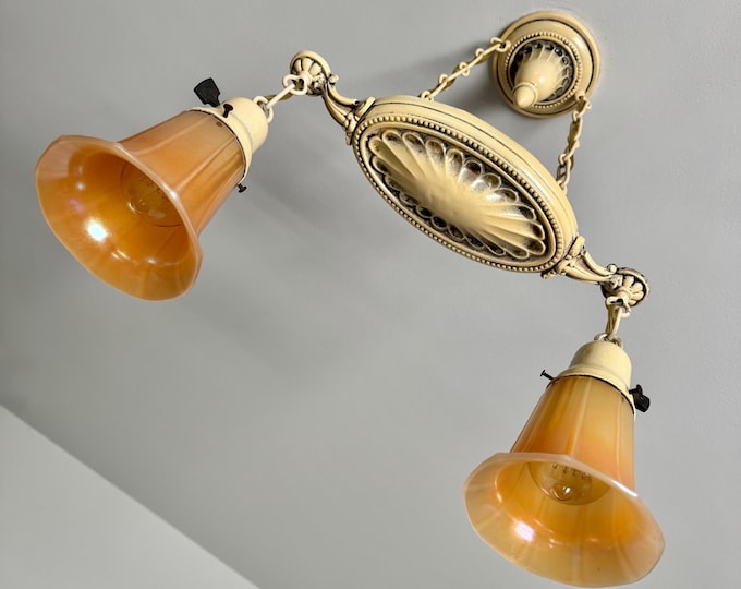 Antique 1907 Two-Tiered Hanging Fixture with Butterscotch Carnival Art Glass, Two Bulb Pressed Brass, Ivory Decor, Ready to Install