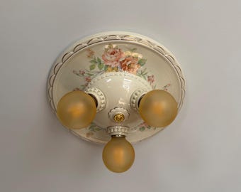 Antique Farmhouse Flush Mount Ceiling Fixture, Three Light Porcelain, Rewired, 1930's Porcelier