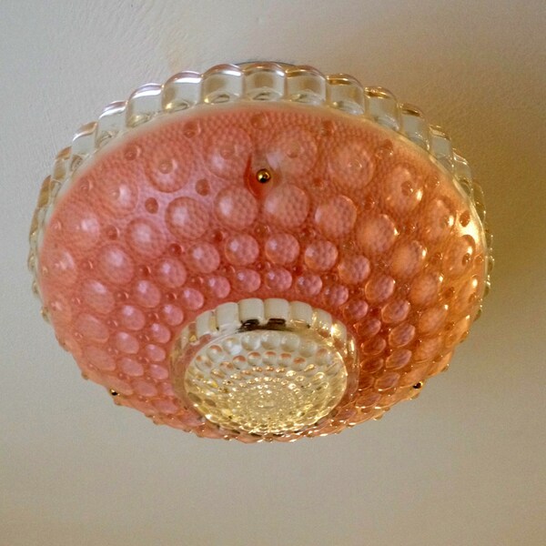 3 antiguos cadena Semi rasante luz de techo, 1930/40, vidrio burbuja rosa, renovado y listo para instalar