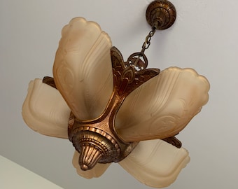 Antique Hanging Slip Shade Ceiling Fixture, 1910's Cast Iron 5 Light, Rewired/Retouched Original Decor, Patina