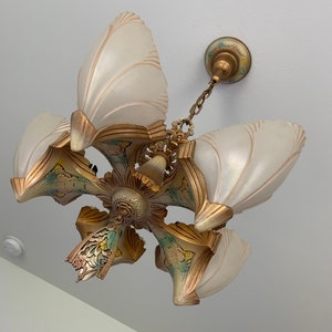 Batwing Slip Shade Hanging Chandelier, 1920's 5 Bulb Ceiling Fixture, Retouched/Restored/Rewired Ready, Gorgeous Original Multi-Color Decor