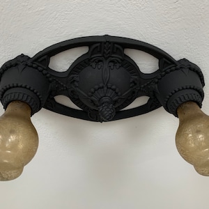 1910's Flush Mount Light Fixture, Cast Iron with Barbola Roses, Charcoal Black